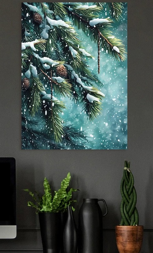 Snowy Pine Branches with Pinecones — metal poster wall art by Lineer